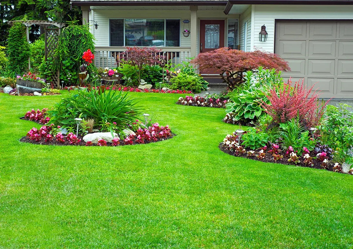A well-maintained front lawn with landscaped flowers, plants and trees
