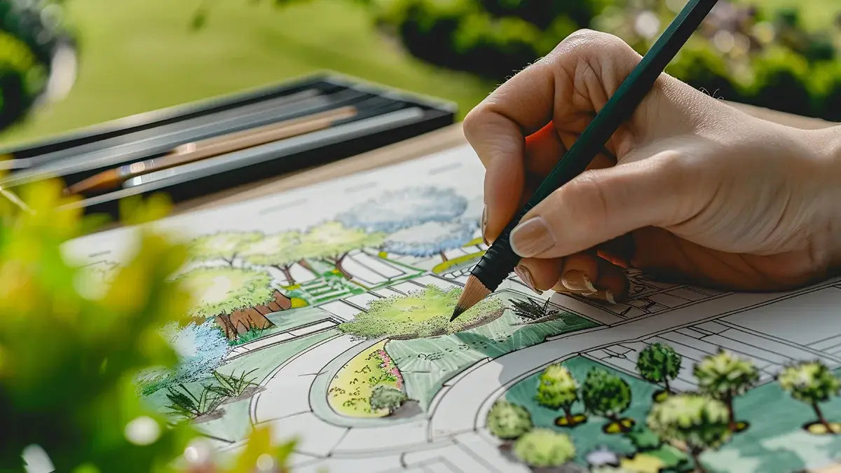 female hand drawing a landscaping project