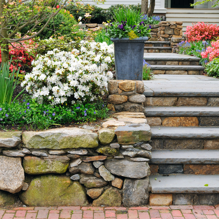 A picture of stone landscaping with stone steps, flowers and a paved walkway