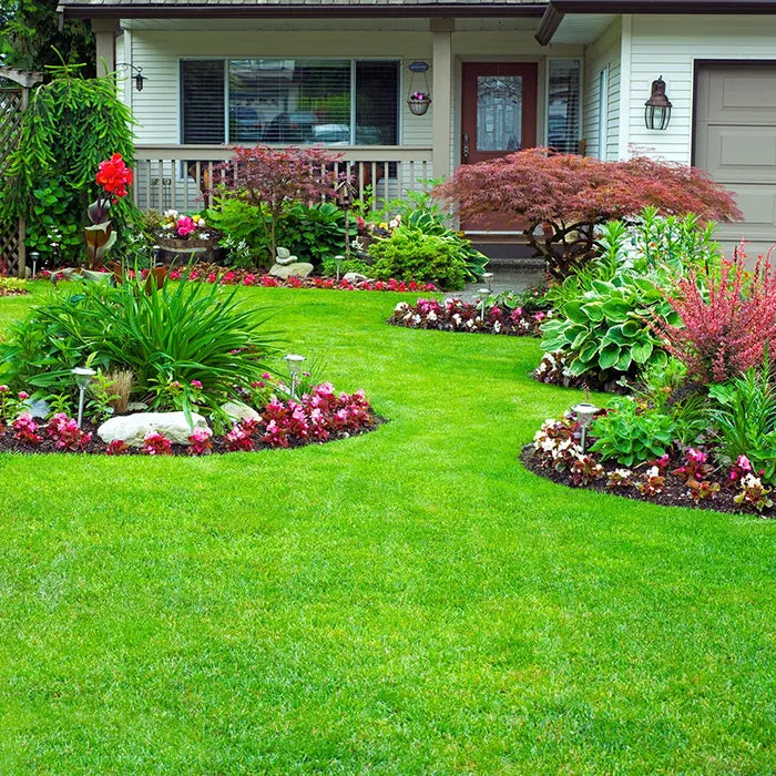 A well-maintained front lawn with landscaped flowers, plants and trees