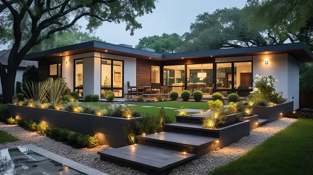 A landscaped backyard with stone and pavers