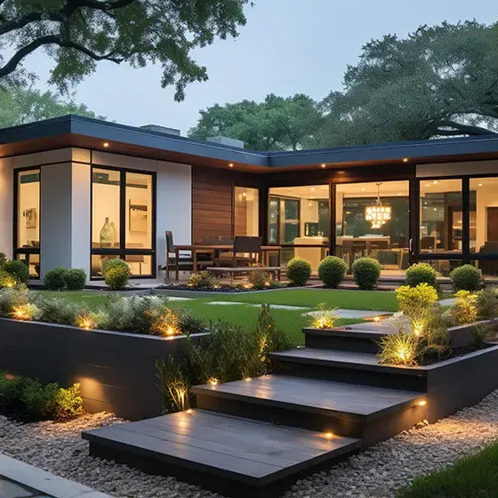 A landscaped backyard with stone and pavers
