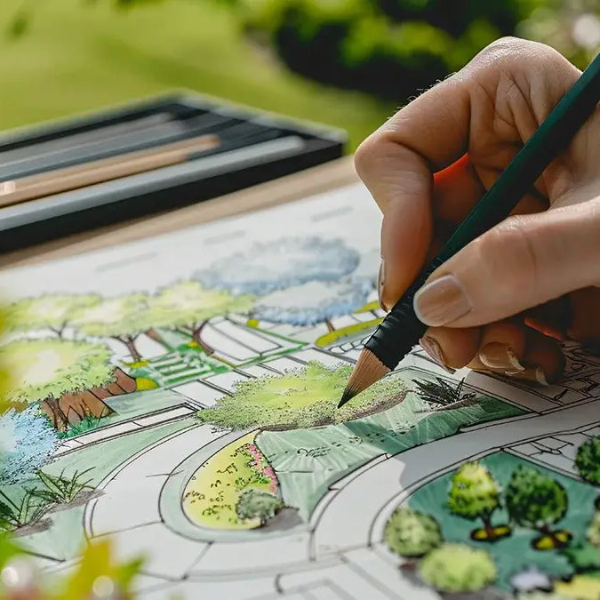 female hand drawing a landscaping project