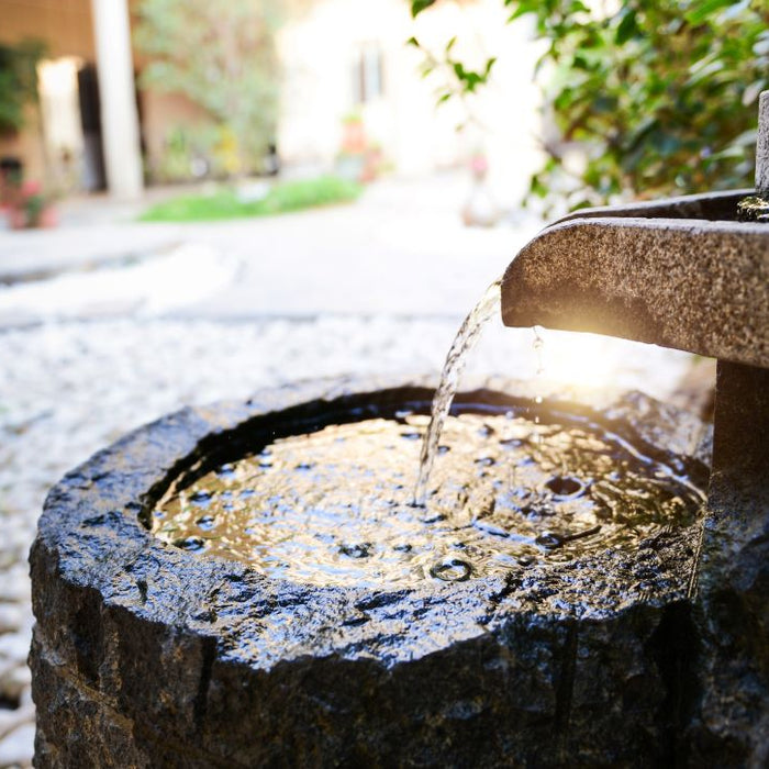 A stone fountain in a garden.