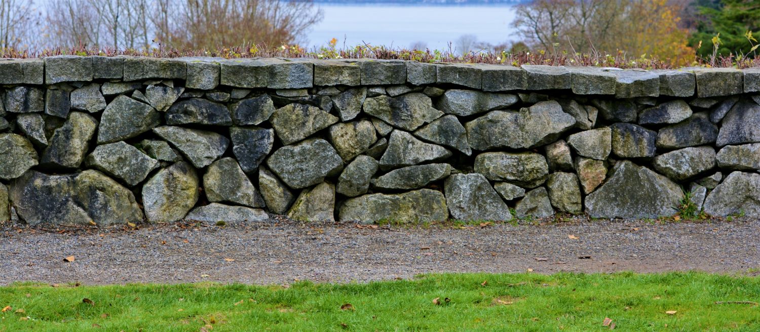 A rock wall in a yard made up of various kinds of fieldstones