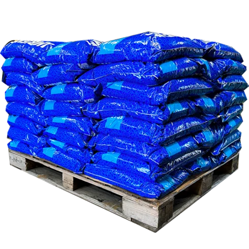 Stack of blue bags on a wooden pallet against a white background