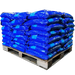 Stack of blue bags on a wooden pallet against a white background