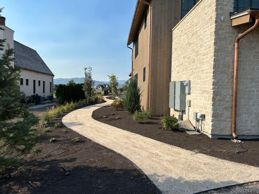 Paved pathway leading to a building with a clear blue sky
